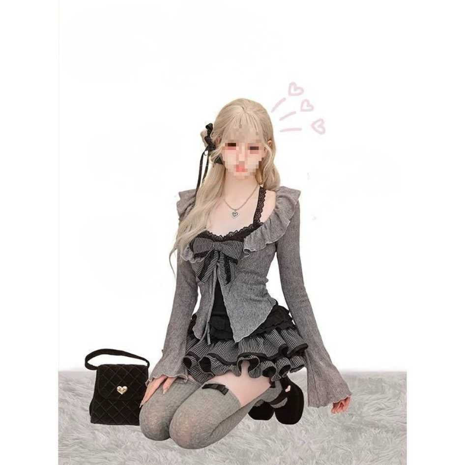 Dark lolita 3-piece cami set in grey and black with bow detail, femboy gothic aesthetic outfit from FemboyBox