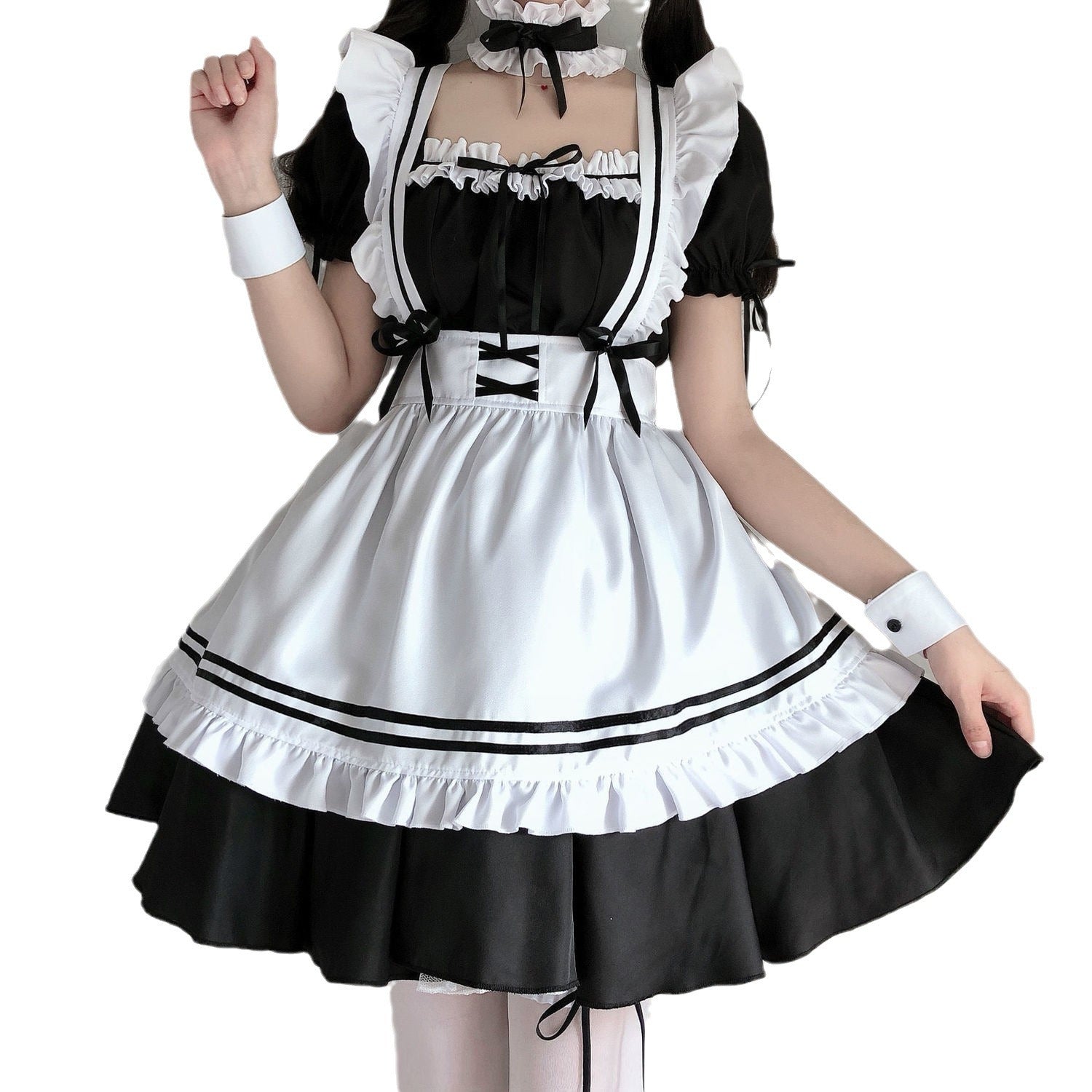 Femboy fashion featuring a classic maid set with black and white design, white apron, and black ribbons, showcasing a playful yet elegant style perfect for themed outfits