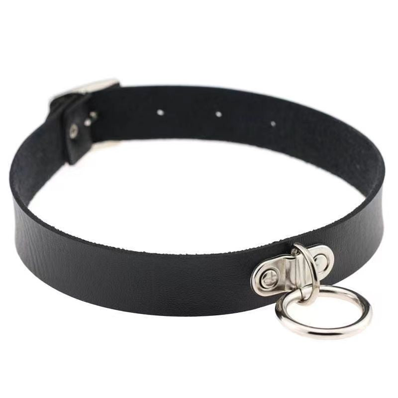 Black leather femboy choker with silver O-ring accent, angled product shot on white background, simple gothic femboy fashion accessory