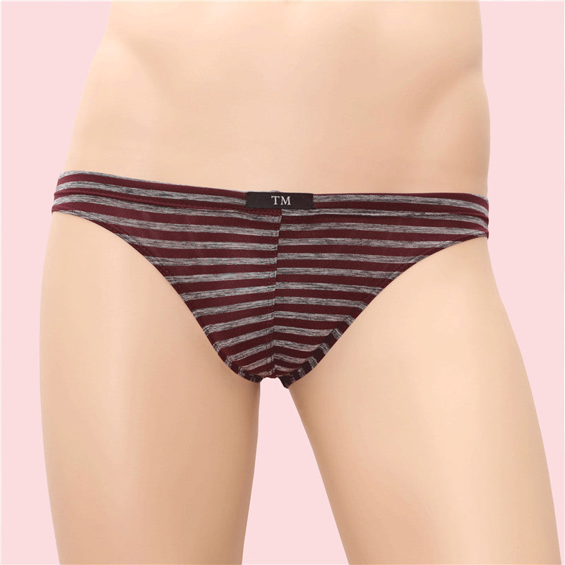 Front view of maroon and grey striped femboy panties displayed on a mannequin, featuring a comfortable fit and modern style. Perfect for femboy fashion and bold femboy outfits.