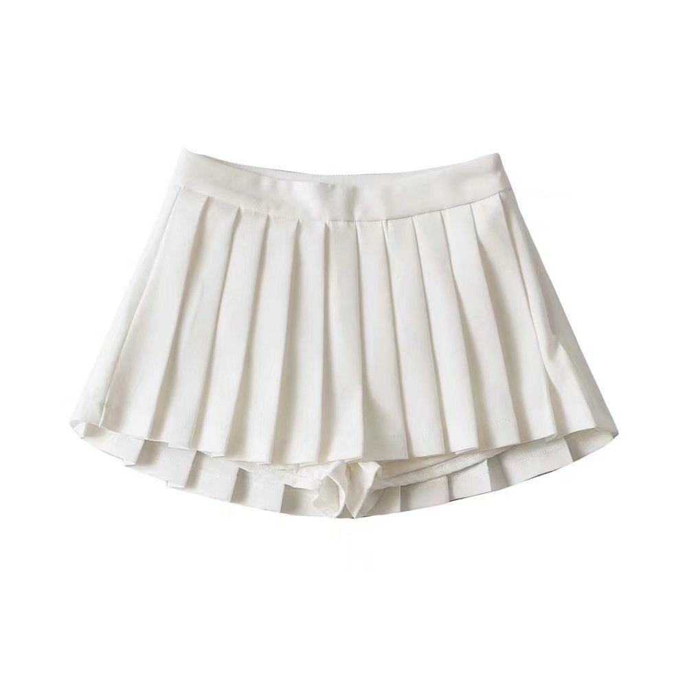 Solo display of a white Femboy Tennis Skirt, shot from a high angle to accentuate the crisp pleats and clean, sporty lines. The skirt is laid out flat, offering a detailed view of its design and craftsmanship.