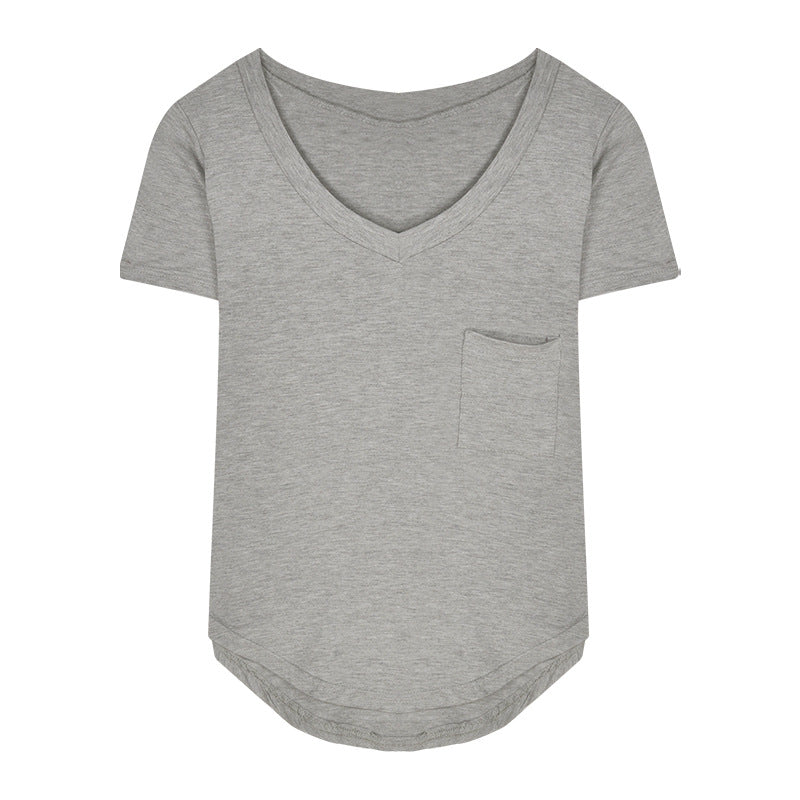 Grey fitted femboy v-neck t-shirt product shot, curved hem soft casual tee
