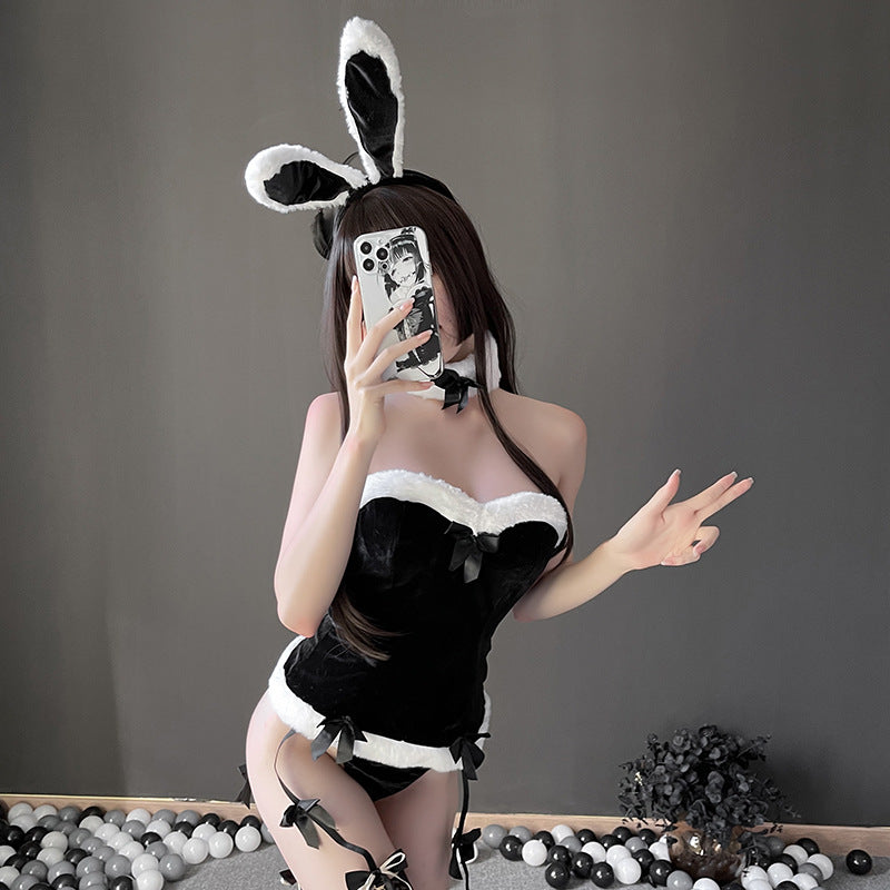 Black fluffy bunny corset femboy lingerie set with ears, cosplay lingerie lifestyle shot