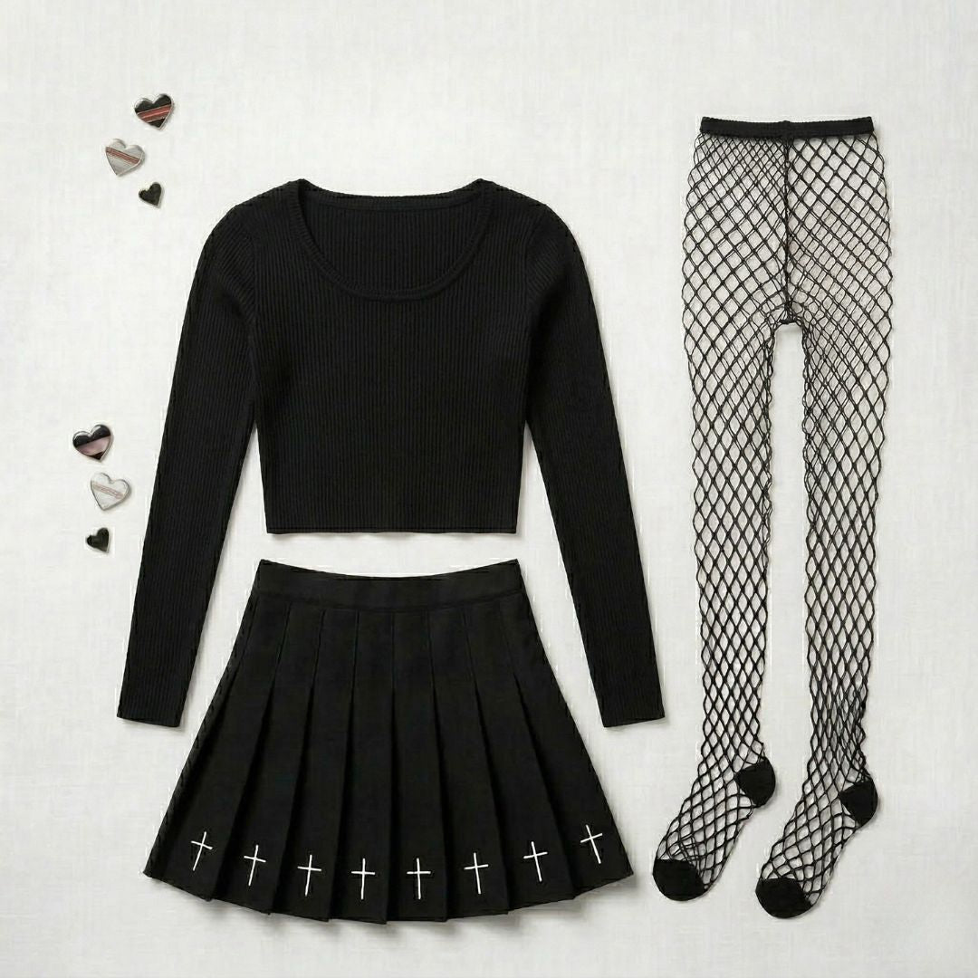 Black goth femboy outfit set flatlay with crop top, pleated skirt and fishnet tights, dark aesthetic
