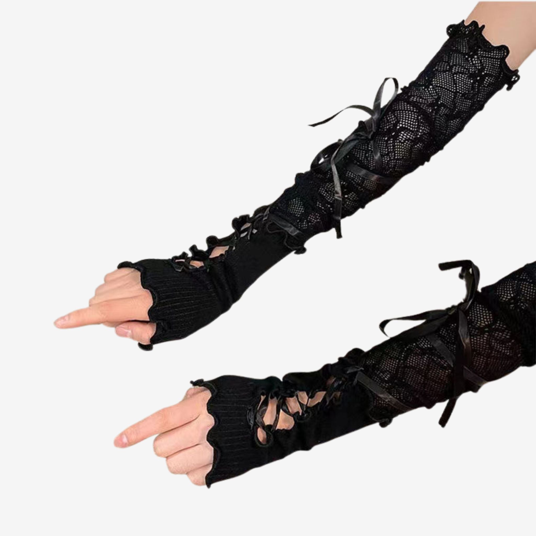 Gothic Black Lace-Up Lolita Gloves with intricate lace details, perfect for chic cosplay and gothic femboy fashion.