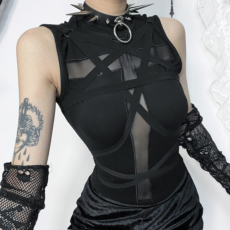 low-angle lifestyle shot of a model leaning against a lace-draped wall while wearing the top and a layered skirt, set in moody lighting, ideal for alternative femboy fashion inspiration.