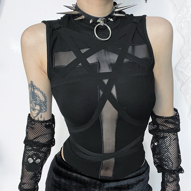side-angle medium shot of a model styling the sleeveless top with a spiked choker, highlighting the slim silhouette and strap details in a monochrome setting, great for femboy clothes shop.