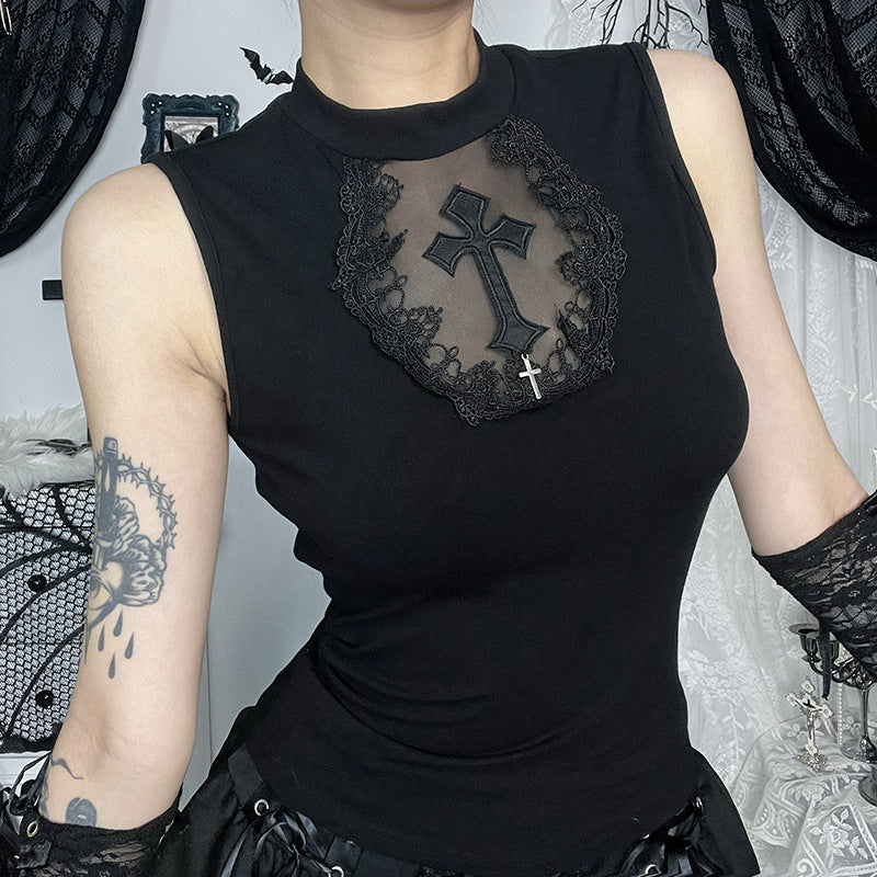 eye-level torso-focused shot of a model in the Gothic Cross Mesh Vest, featuring the scalloped mesh neckline and contrast panels against a white-and-black backdrop, ideal for femboy fashion.