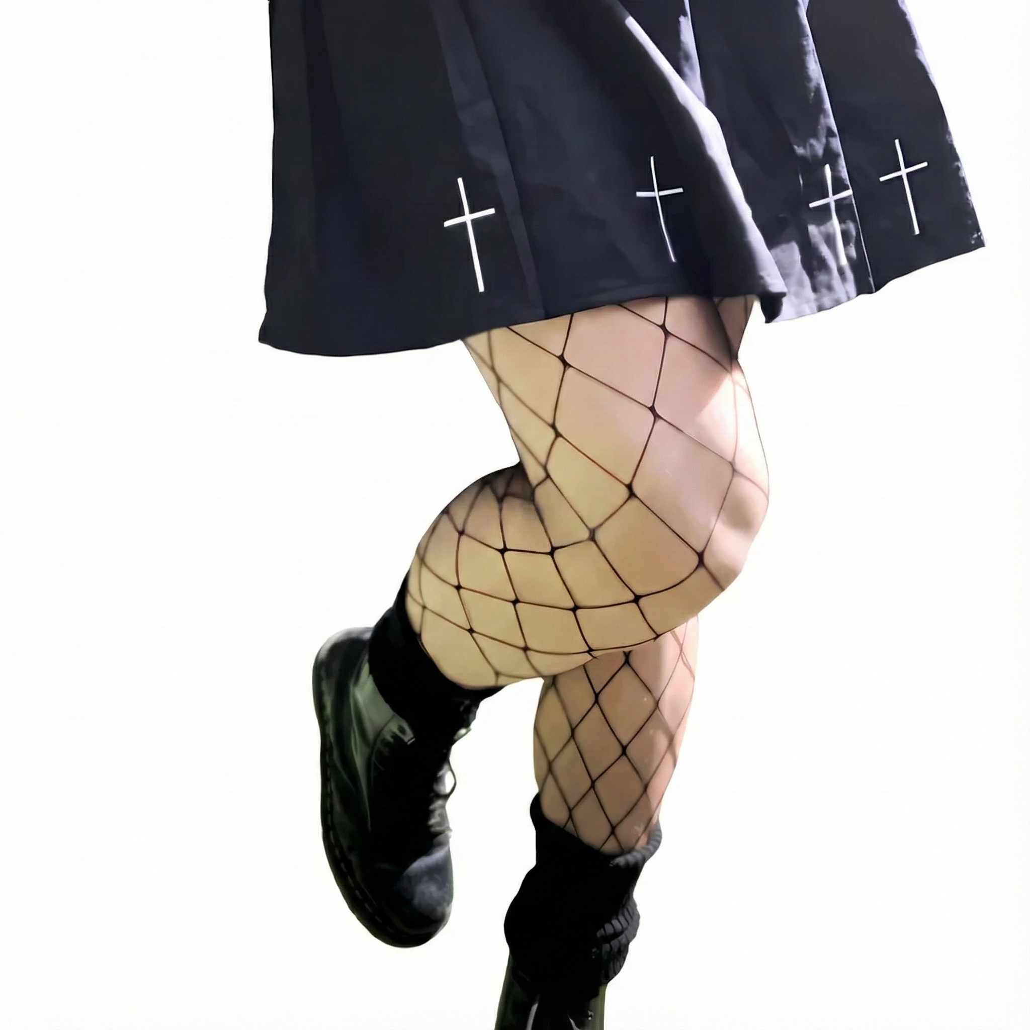 Close-up rear three-quarter shot of black gothic femboy outfit featuring diamond fishnet stockings and chunky black platform boots, styled with a pleated skirt, dramatic lighting, and clean white background, showcasing edgy femboy fashion and alternative femboy clothing
