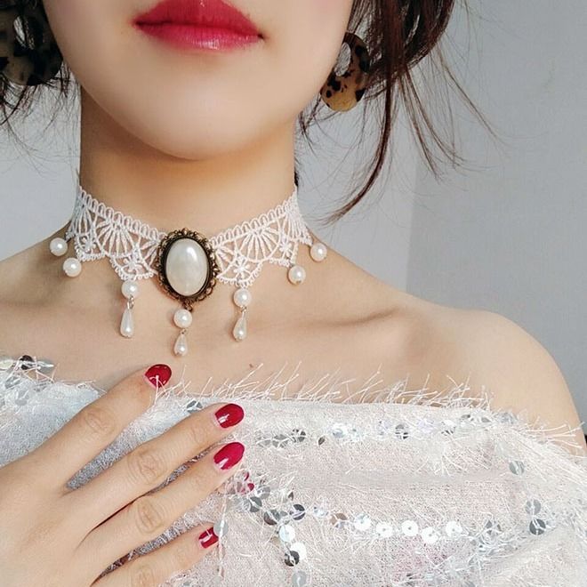 White gothic lace choker featuring vintage cameo centerpiece with pearl drop details, romantic femboy fashion necklace