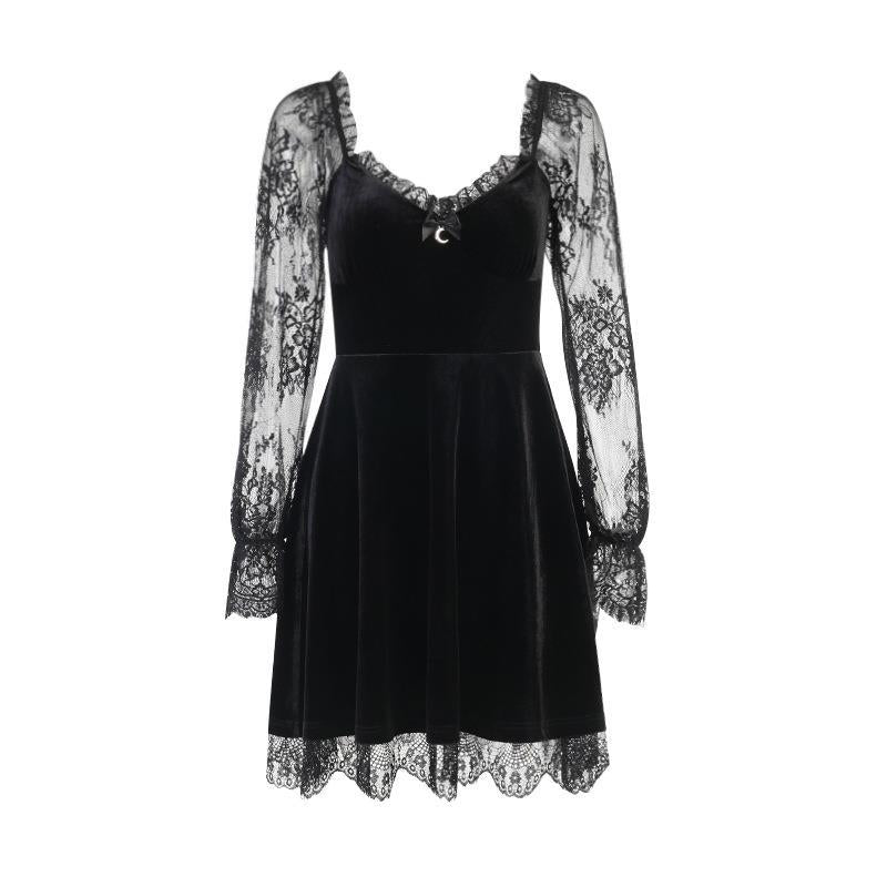 close-up of gothic lace ruffle dress highlighting lace sleeve details and velvet texture