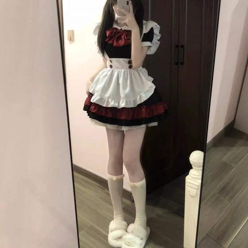 Gothic lolita maid dress set in red and black with white apron, femboy maid cosplay full look from FemboyBox