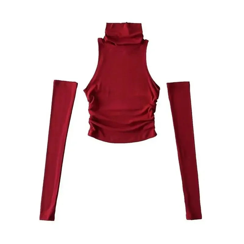 Femboy arm warmers crop top set wine red halter turtleneck flat lay