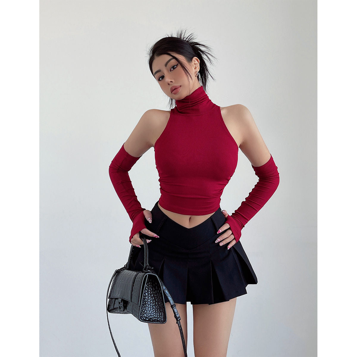 FemboyBox femboy crop top wine red halter turtleneck with arm warmers open shoulder