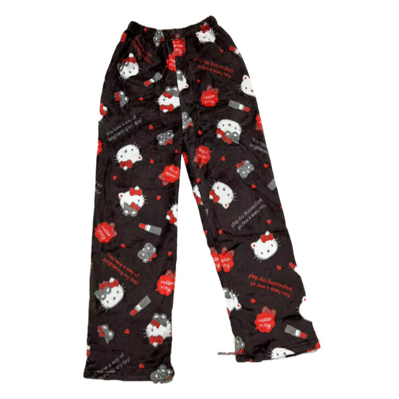 Dark plush Hello Kitty print pajama pants laid flat on a white background, featuring red bow and heart details with an elastic waistband, soft fleece texture, and relaxed straight-leg fit, ideal for cute femboy outfits and cozy femboy clothing.
