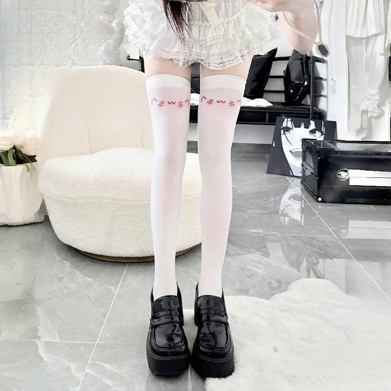 White kaomoji print over-knee socks with shy OVO face print at the thigh