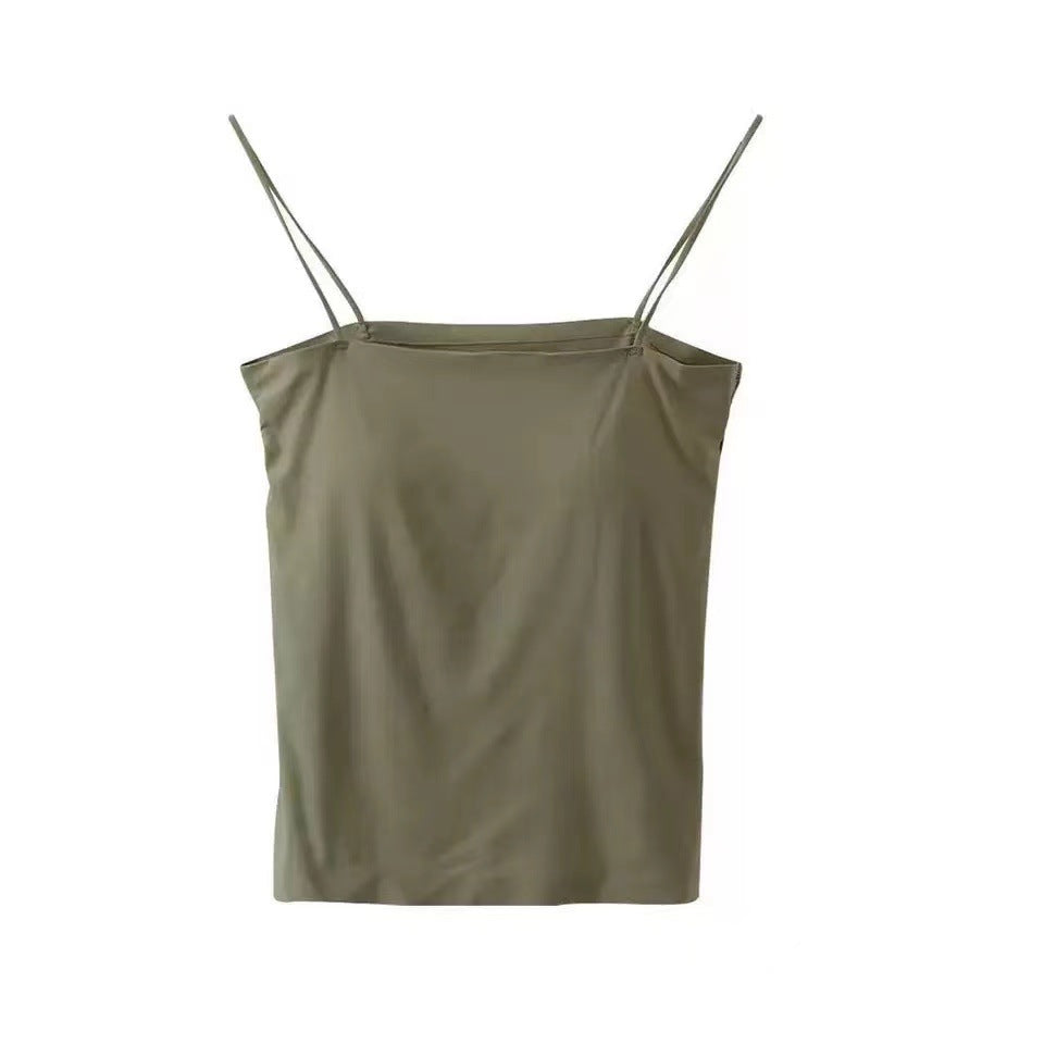 A khaki green padded long camisole, featuring a simple and comfortable design that blends effortlessly into casual femboy clothing, making it ideal for femboy outfits.