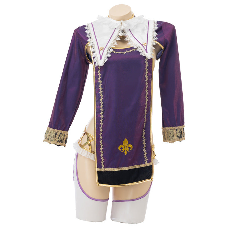 Femboy cosplay costume purple gold knight princess coat dress back view