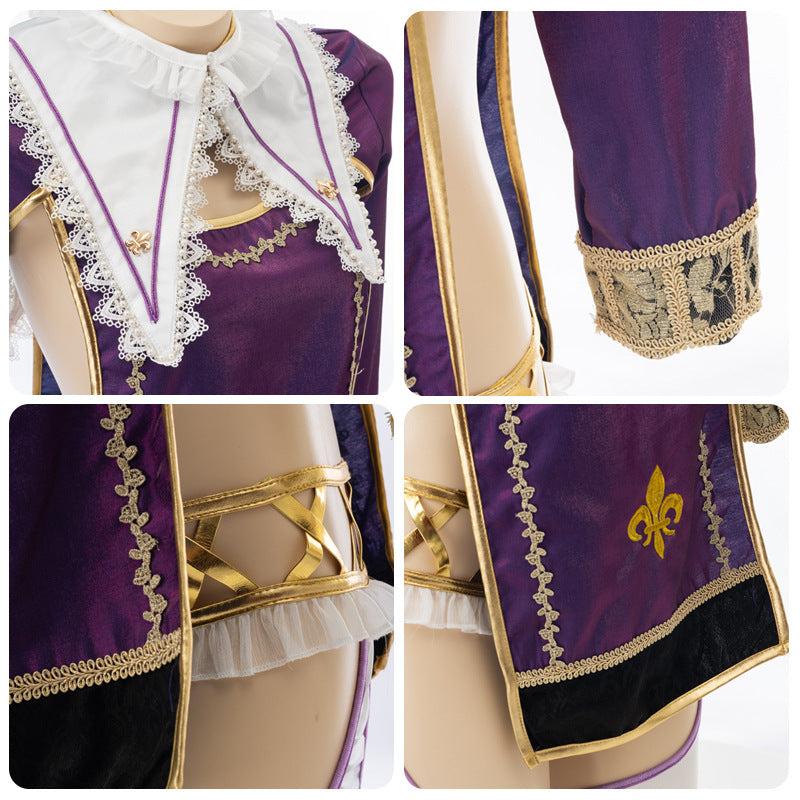 Femboy cosplay costume purple gold trim detail knight princess coat