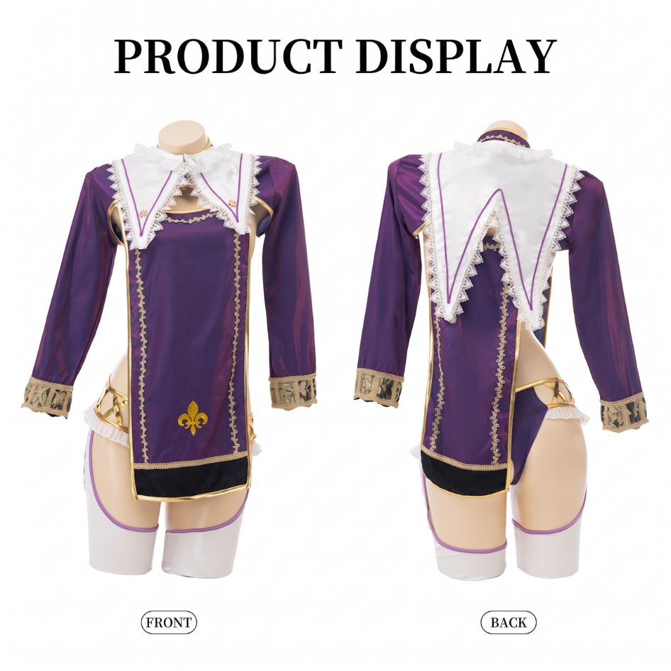 Femboy cosplay costume purple gold knight princess coat dress display