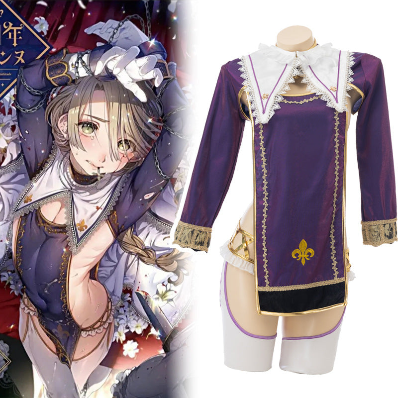 FemboyBox femboy cosplay costume purple gold knight princess coat dress set