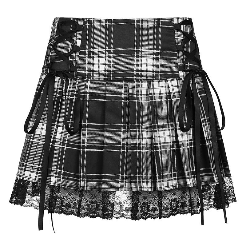 Femboy skirt black plaid pleated lace up lace trim goth flat lay