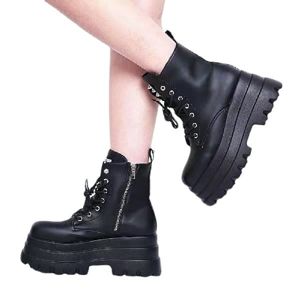 Femboy boots black lace up platform ankle goth on model walking