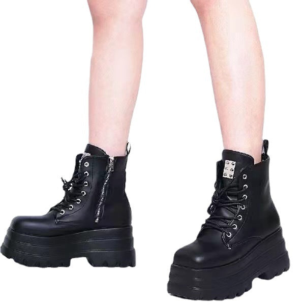 Femboy boots black platform ankle lace up side zip goth on model