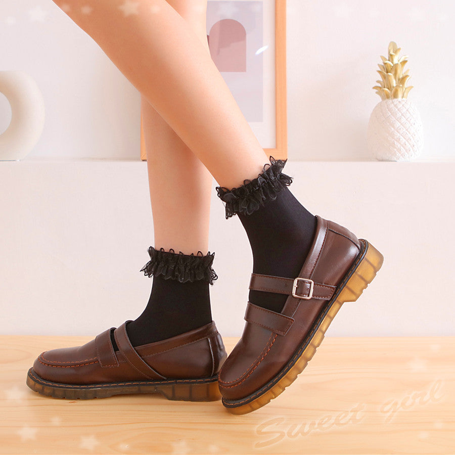 Femboy socks black lace ruffle cuff lolita ankle socks with loafers
