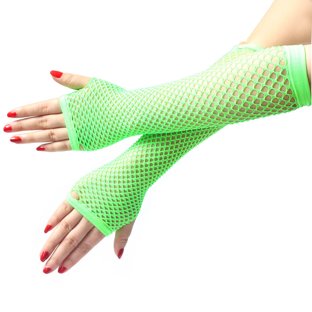 Neon green fishnet sleeves worn on arms, close-up studio shot showing stretchy mesh texture and fingerless design, vibrant color palette on white background, bold femboy accessories ideal for femboy outfits and alternative femboy fashion looks.