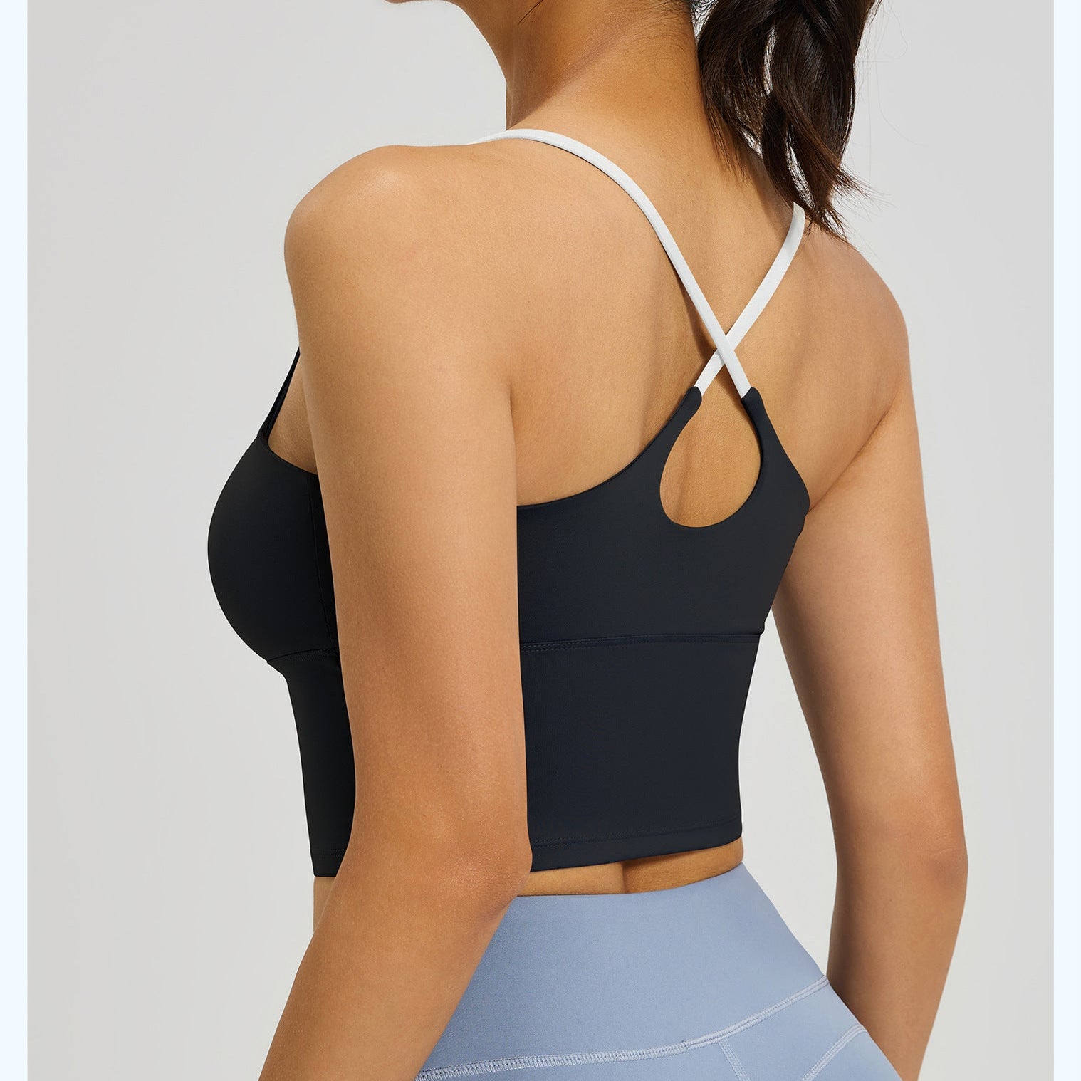 Femboy sports bra black cross back strappy padded seamless back view