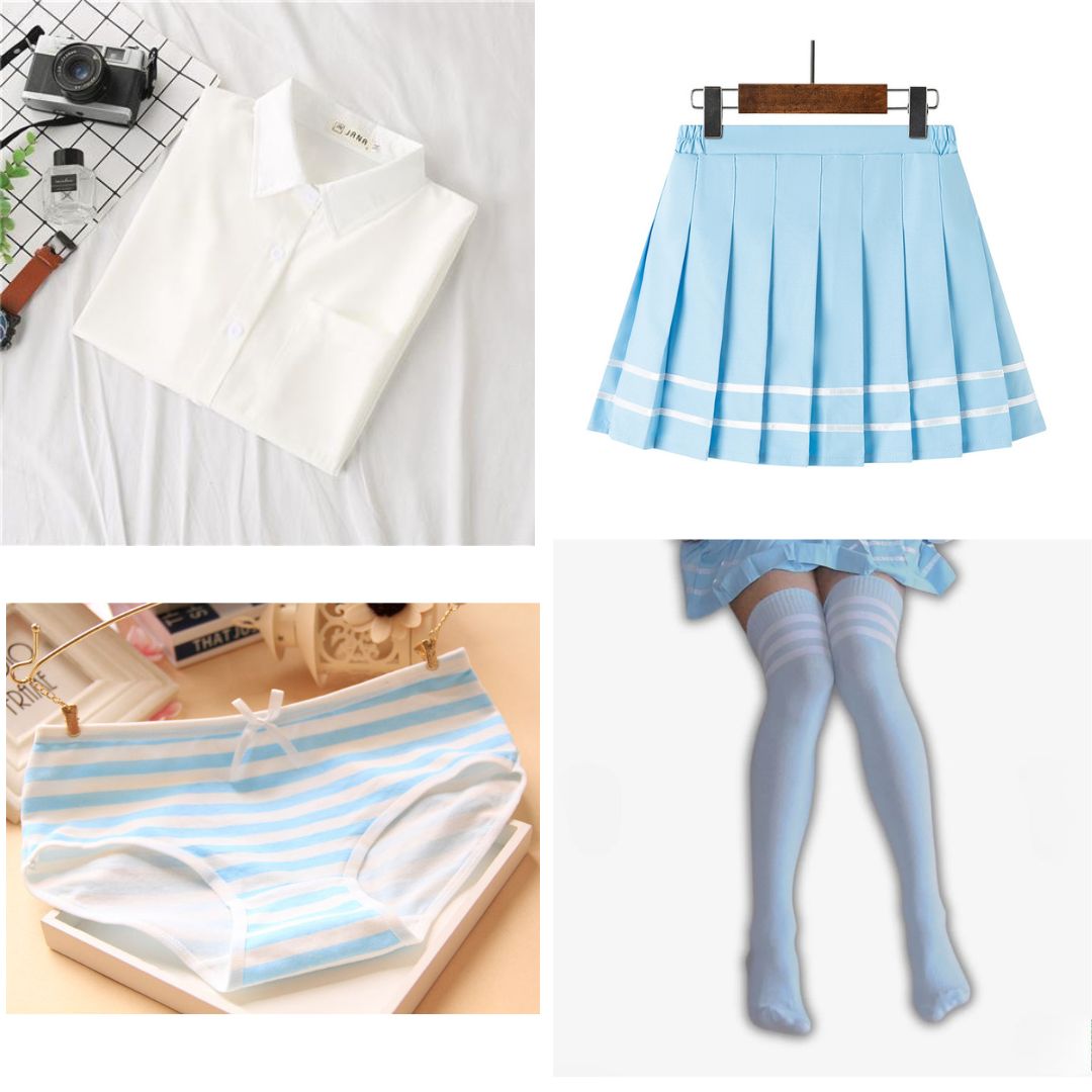 Pastel blue pleated skirt hanging on rack, femboy outfit skirt with white stripe hem, front-facing studio product image on neutral background