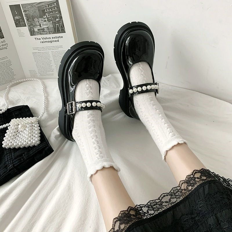 FemboyBox femboy shoes black pearl strap mary jane cat heel lolita on model