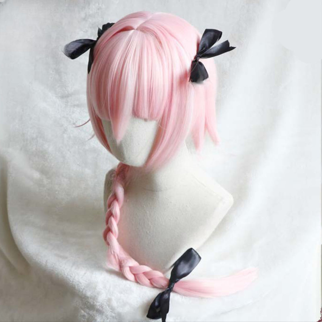 Side view of pastel pink braided Asotfol femboy wig featuring layered bangs and black ribbon details – elegant femboy wig for cosplay and aesthetic femboy looks