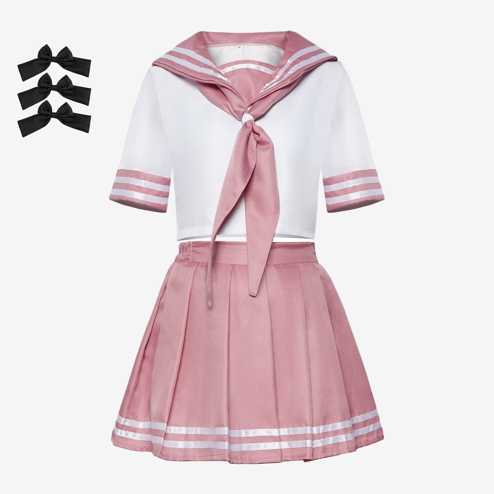 Flat lay front view of full Astolfo sailor cosplay uniform including top, skirt, and black ribbon accessories – femboy skirt outfit, kawaii femboy clothing