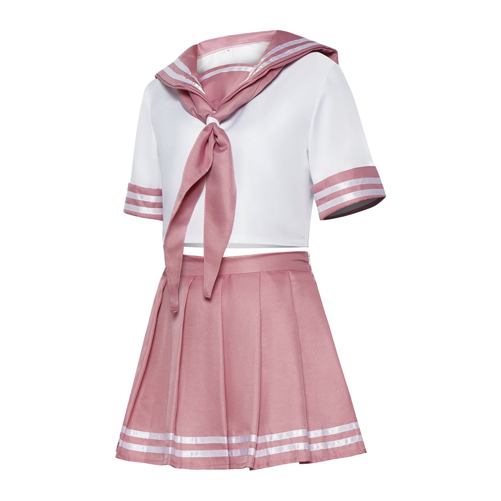 Front view studio shot of pink and white Astolfo sailor cosplay outfit featuring short-sleeve crop top with ribbon tie and pleated mini skirt – cute femboy outfit, femboy clothing aesthetic