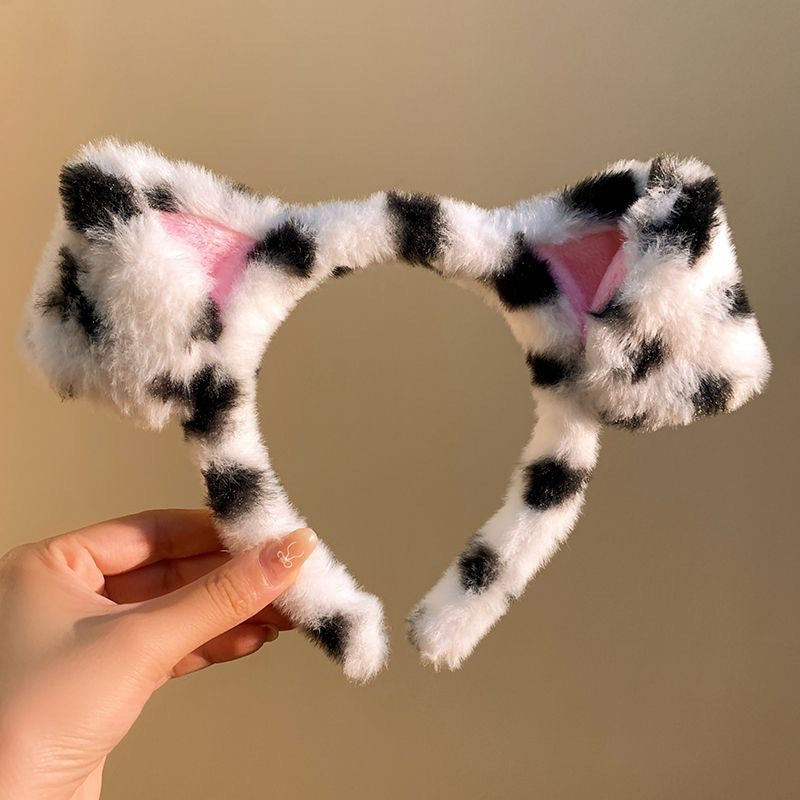 Black and white dalmatian plush puppy ear headband, cute kawaii femboy hair accessory