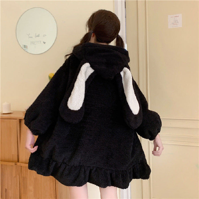 Black plush rabbit ear hooded coat back view, fluffy kawaii femboy outerwear with ear detail