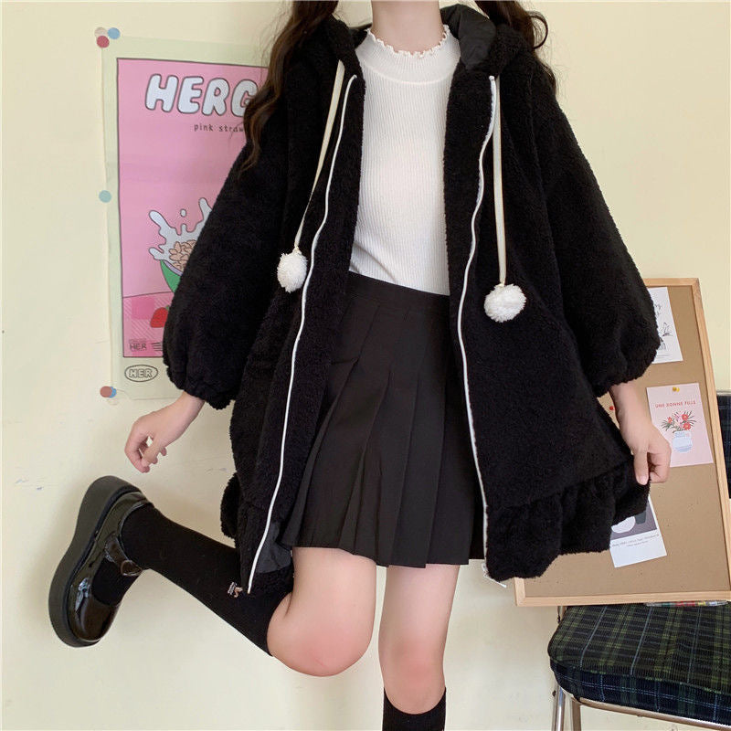 Black plush rabbit ear hooded coat street style, kawaii femboy outerwear with fluffy trim