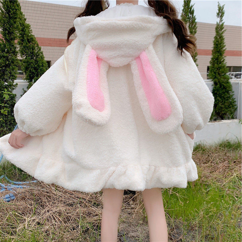 White plush hooded coat with pink rabbit ears back view, cute kawaii femboy outerwear