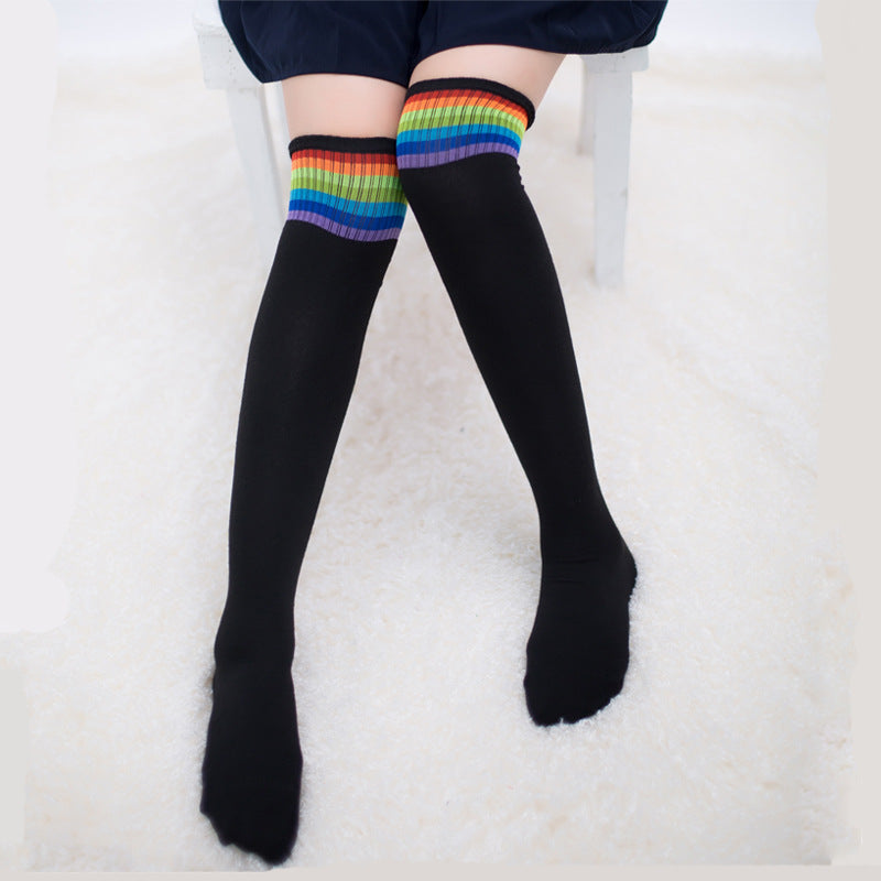 Femboy socks black rainbow stripe over knee thigh high ribbed cuff