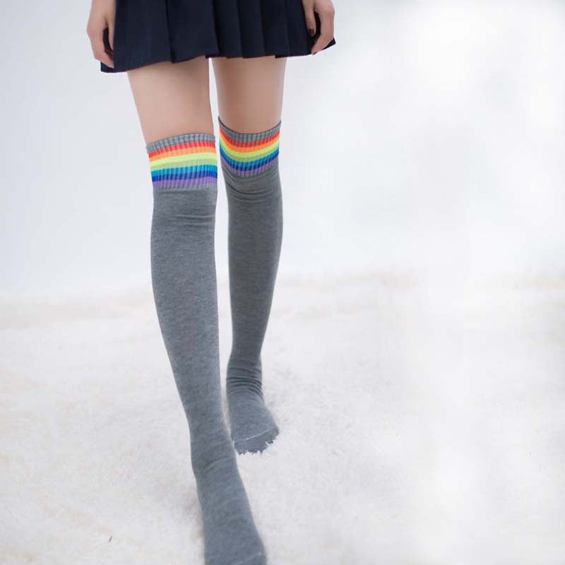 Femboy socks light grey rainbow stripe over knee thigh high ribbed