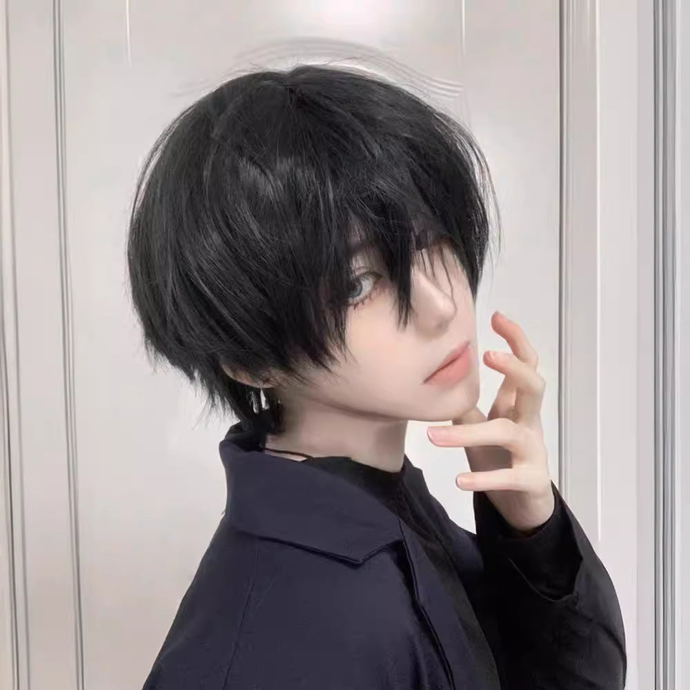 Femboy wig black brown short layered cosplay heat resistant style