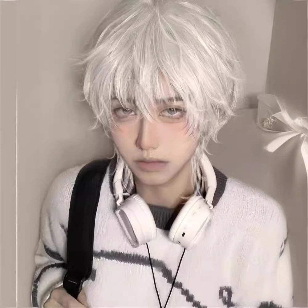 Femboy wig white short layered cosplay side view tousled cut