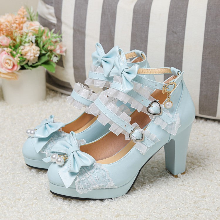 Chic sky blue Lolita Bowlace pumps with lace trims, bow decorations, and pearl details, crafted to enhance any femboy fashion ensemble with a whimsical and elegant touch.