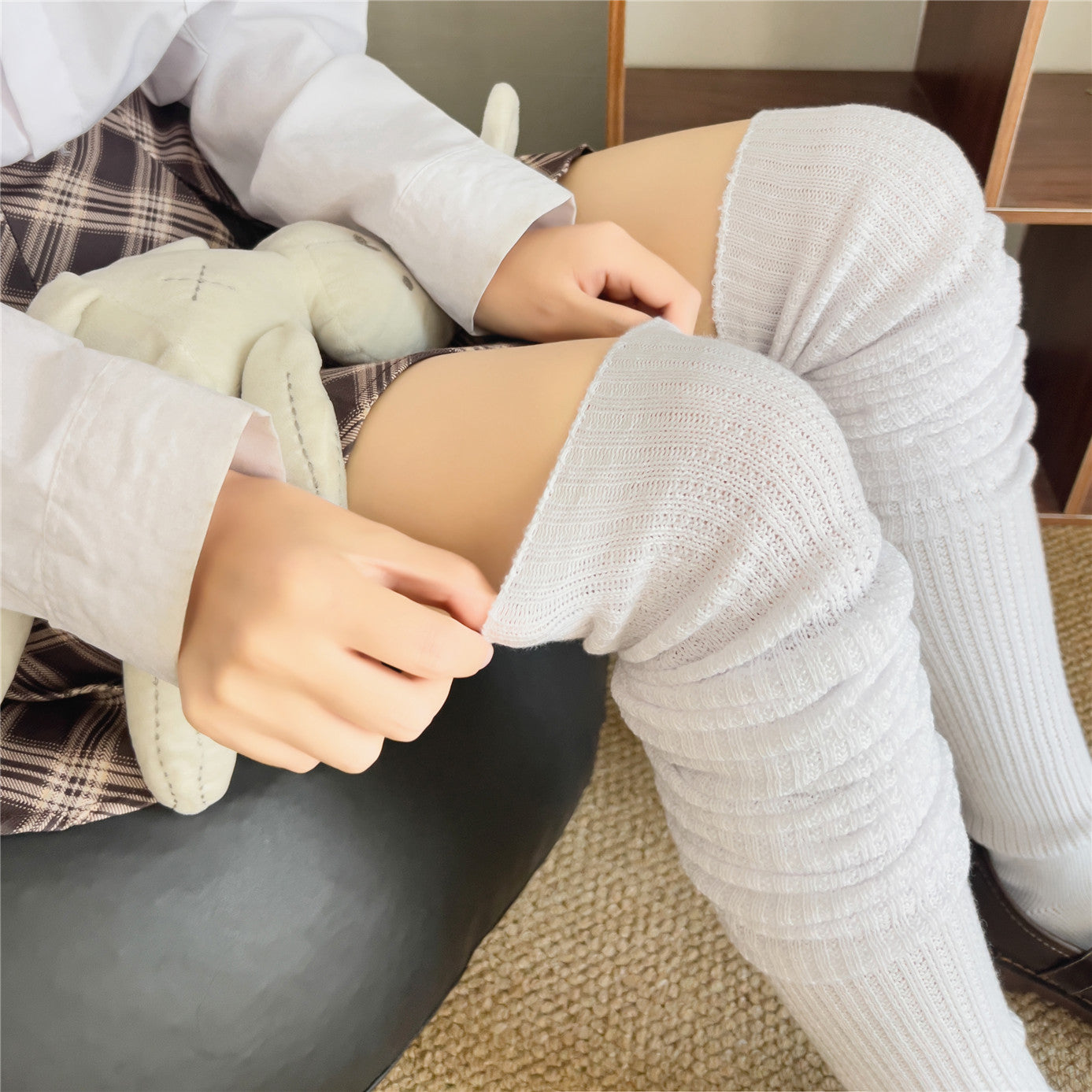 Femboy socks white scrunch slouch over knee length pulling on