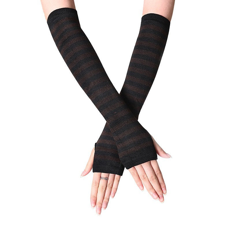 black and brown fingerless arm warmers for goth femboy outfits, elbow length sleeve detail
