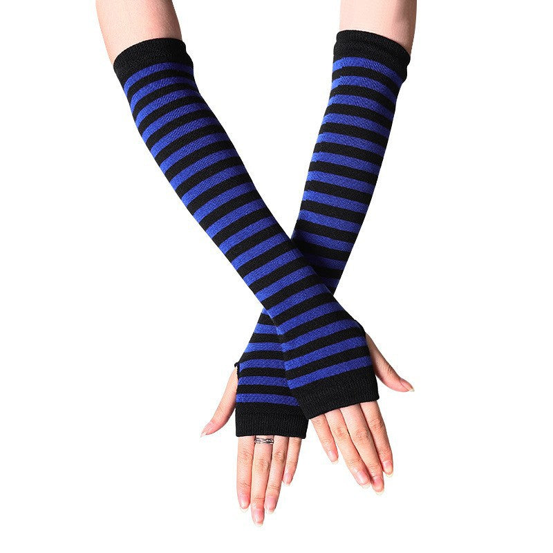 Blue and black striped fingerless arm warmers, goth femboy aesthetic elbow sleeve