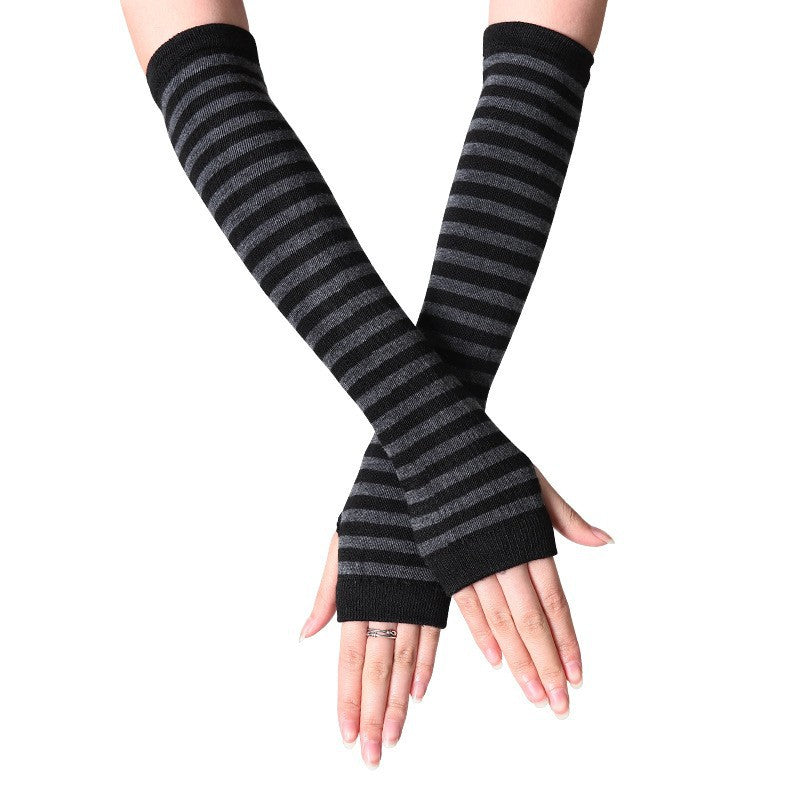 Dark grey and black striped fingerless arm warmers, goth femboy aesthetic elbow sleeve