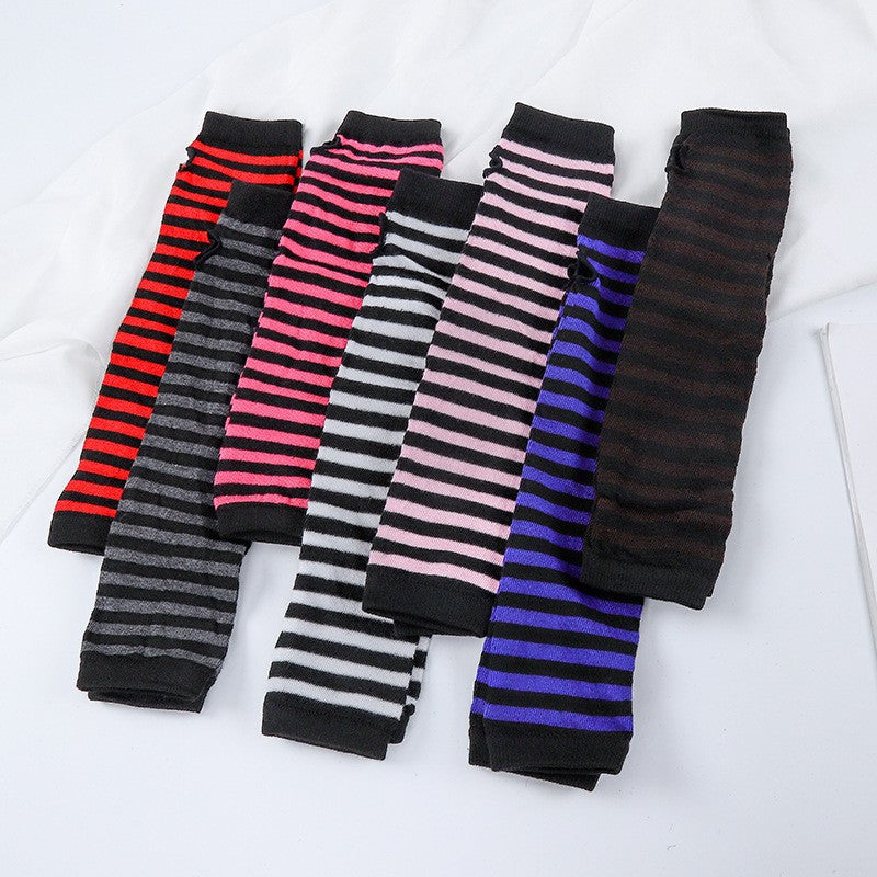 Multicolour striped femboy arm warmers variants flatlay, goth aesthetic fingerless elbow sleeves